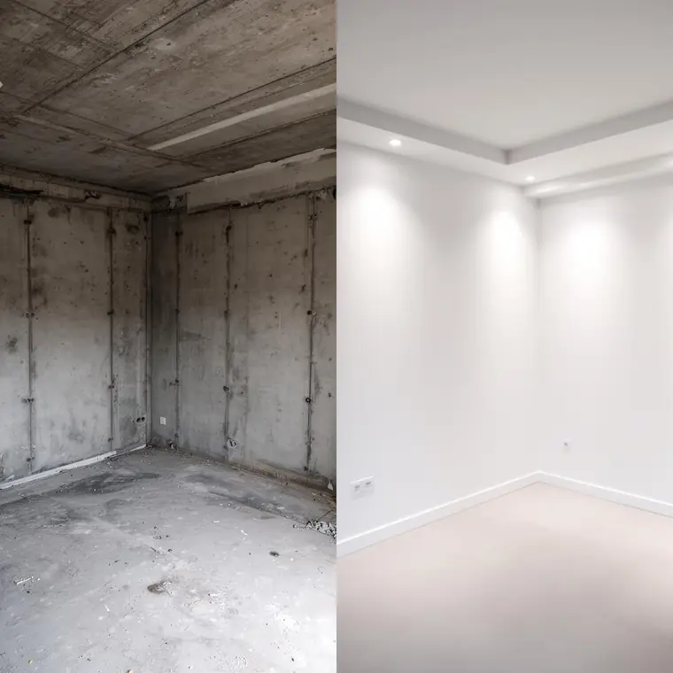À esquerda, cômodo em concreto bruto. À direita, o mesmo cômodo com paredes e forro de drywall acabados e iluminados.