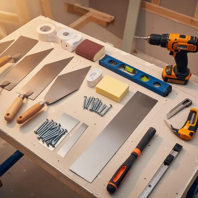 Kit básico de drywall sobre uma placa de gesso: parafusadeira, espátulas, nível, fita, parafusos e estilete